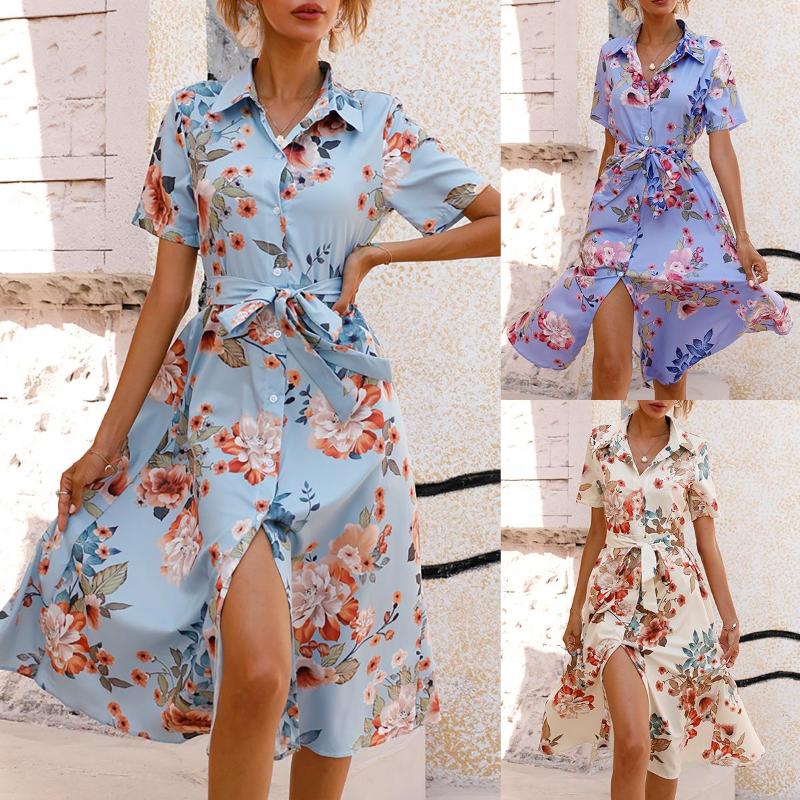 

Casual Dresses Floral Print Dress Women Spring Summer High Waist White Loose Y2k V-neck Elegant Party Long Beach Vacation Vestidos, Blue