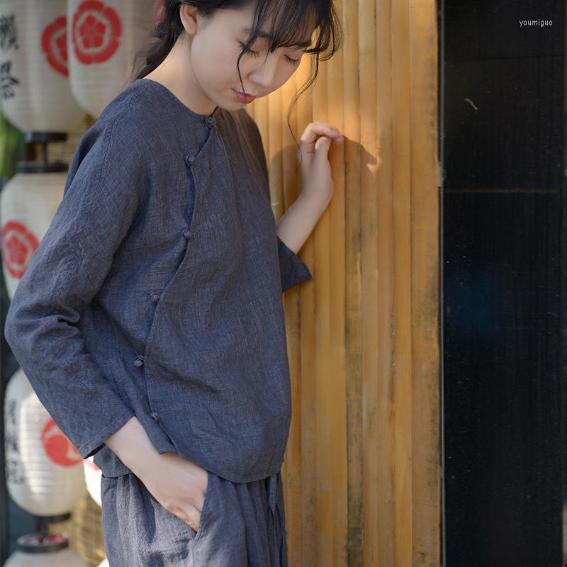 

Women's Two Piece Pants 2023 Spring/Summer Chinese Linen Art Small Shirt Women's Round Neck Slanted Pan Button Loose Top And 0506