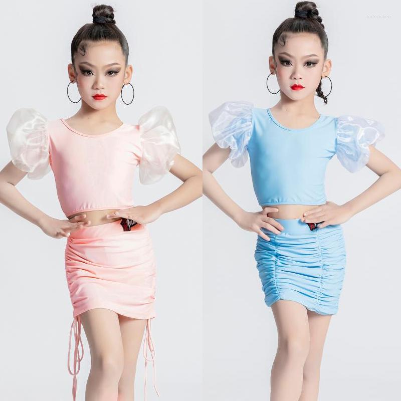 

Stage Wear Children'S Latin Dance Clothes Lantern Short Sleeves Top Skirts For Girls Costumes Ballroom SL7618, 2pcs