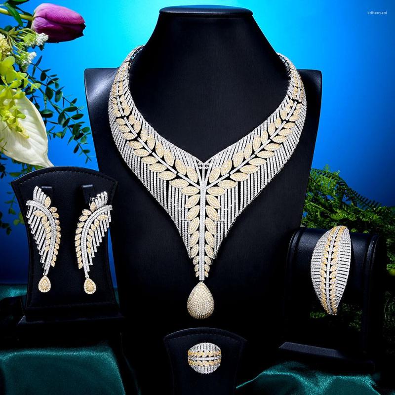 

Necklace Earrings Set GODKI BIG Fashion Luxury 4PCS 2 Tone Leaf African Jewelry For Women Wedding Party Zirconia Dubai Bridal, Picture shown