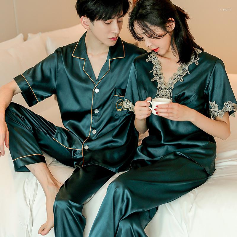 

Women's Sleepwear Green Spring Summer 2PCS Couple Pajama Sets Short Sleeve Pant Pyjama Lady Lace HomeWear Lovers Nightwear Men Loose, Black-women
