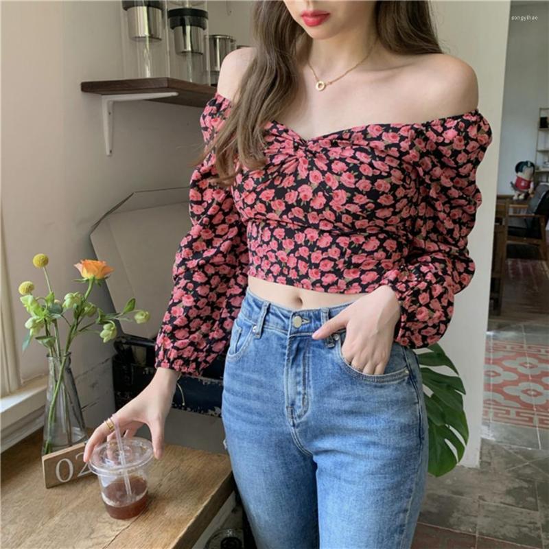 

Women's Blouses Women Crop Top Sexy Off Shoulder V Neck Lady Summer Low-cut Waist-exposed Long Sleeves Clothing For Dating, Black red