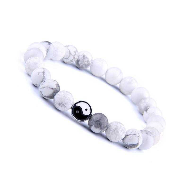 

Natural White Turquoise Bracelet Mens Strand Frosted Yin Yang Tai Chi Handmade Beaded All Match