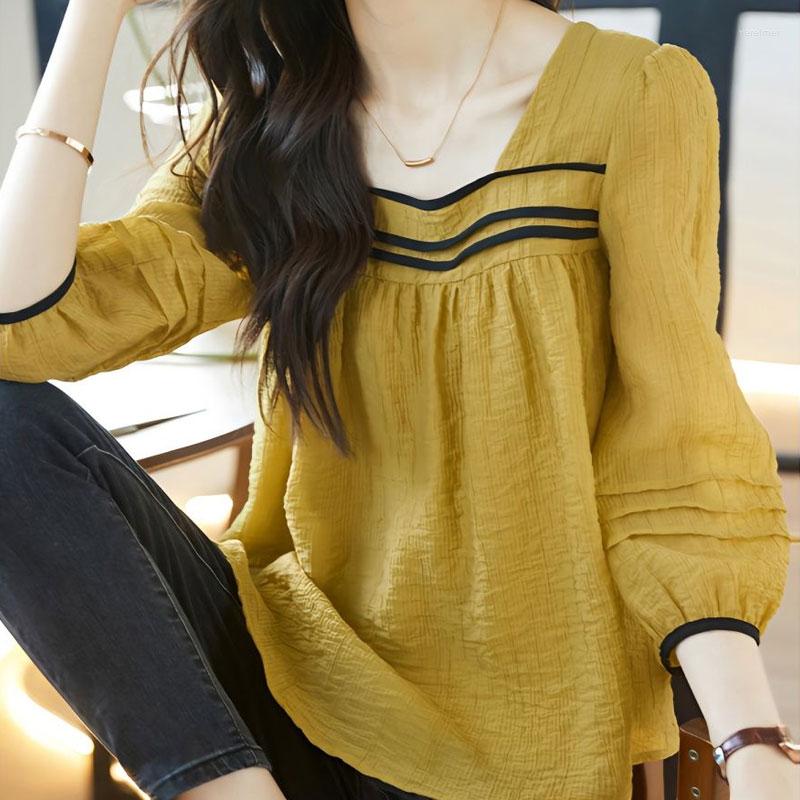 

Women' Blouses Vintage Striped Contrasting Colors Blouse Elegant Square Collar Spring Summer 3/4 Sleeve Female Clothing Stylish All-match, Yellow green