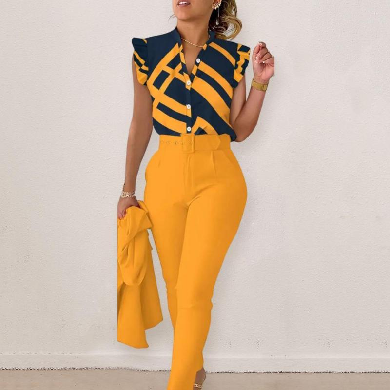 

Women' Two Piece Pants Women Lounge Set Button Down Matching Belt Dress Up Office Lady Shirt Top Long Pant Suits Tracksuit Garment, Blue