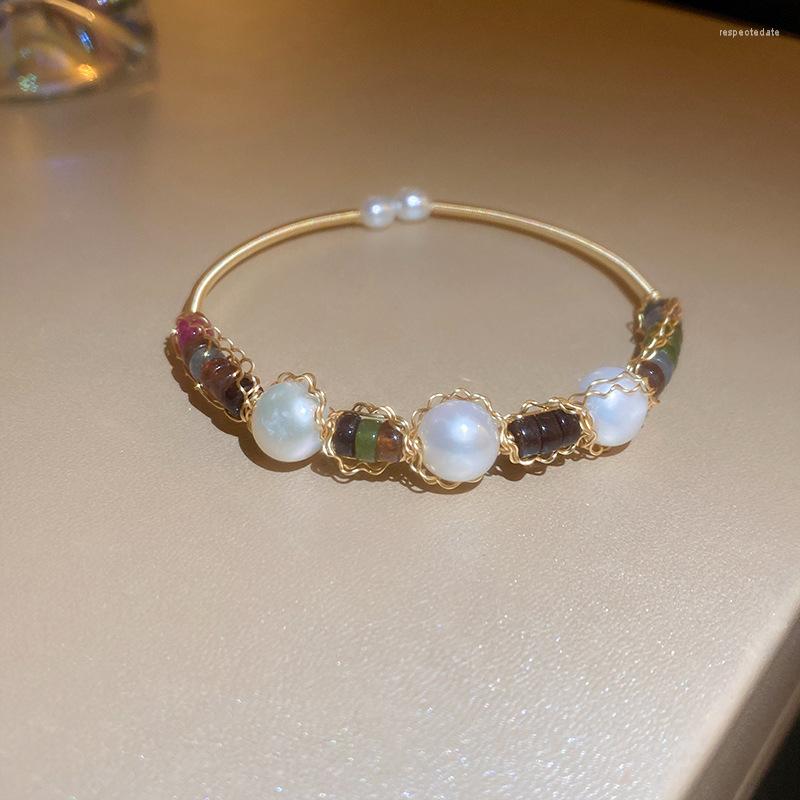 

Bangle Minar Retro Freshwater Pearl Twisted Beaded Bracelet For Women 14K Gold Plated Brass Multicolor Natural Stone Accessories