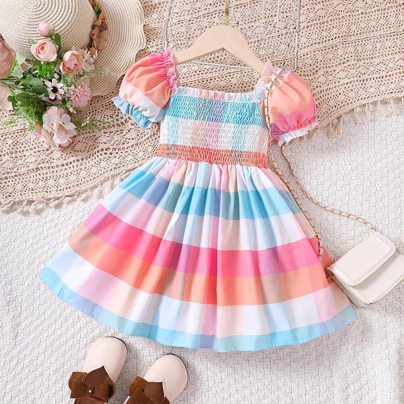 

Girl Dresses Toddler Girls' Summer Bubble Sleeve Multi Color Stripe Casual Dress Party 2 To Frocks For Girls Wedding Flower, Pink