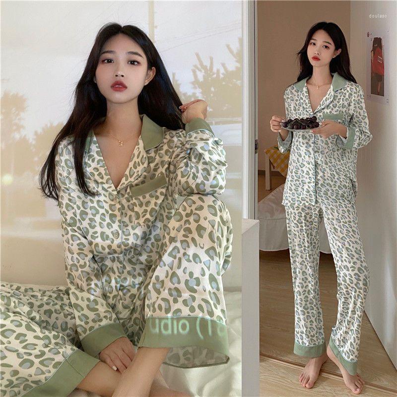 

Women's Sleepwear Fashion Women's Leopard Print Imitation Silk Long Sleeve Pajamas Pants Thin Style Home Clothes
