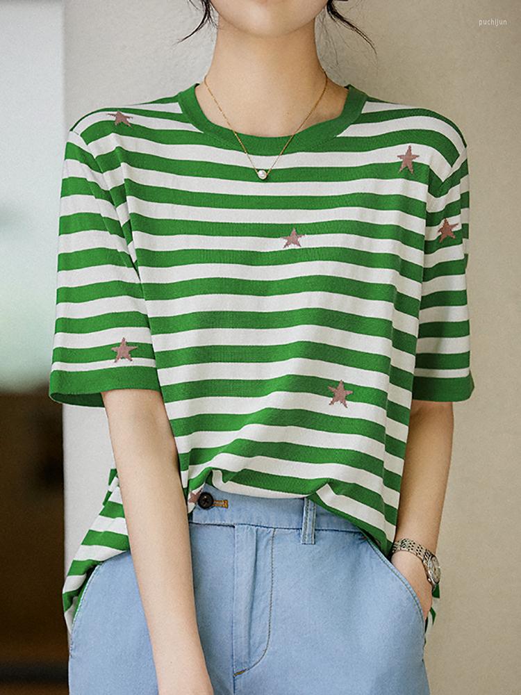 

Women's T Shirts Tee Shirt Femme Embroidery Striped Knitted Women Tshirt Short Sleeve Summer Korean Style Clothes T-Shirts Camiseta Mujer, Green