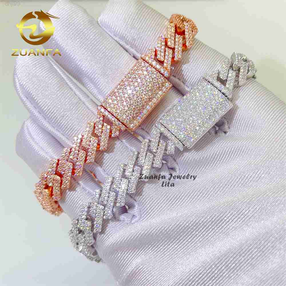 

Hot Selling Popular 10mm Width 2 Rows Rose Gold 925 Sterling Silver Vvs Moissanite Cuban Link Bracelet