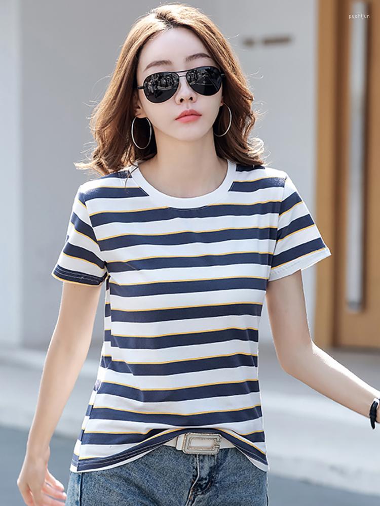 

Women' T Shirts Cotton Striped Shirt Women Korean Style Womens Clothing Short Sleeve O-Neck Tee 2023 Summer Tops Tshirt Camisetas Mujer, Black