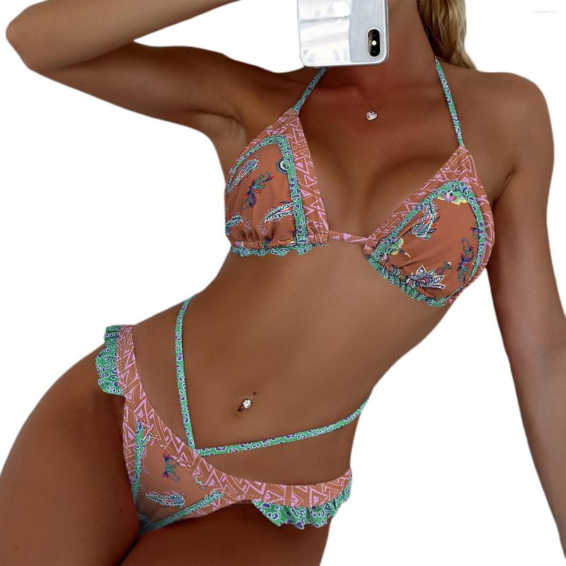 

Women' Swimwear Spot Sexy Swimsuit Bikini Set For Women Flowers Print Halter Neck Bra Thong Brazilian Bathing Suit Beachwear Female, Yellow