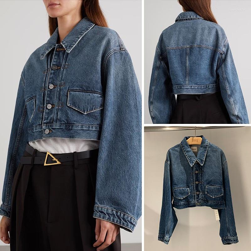 

Women's Jackets Women's Dark Blue Long-sleeved Single Breasted Lapel Denim Jacket