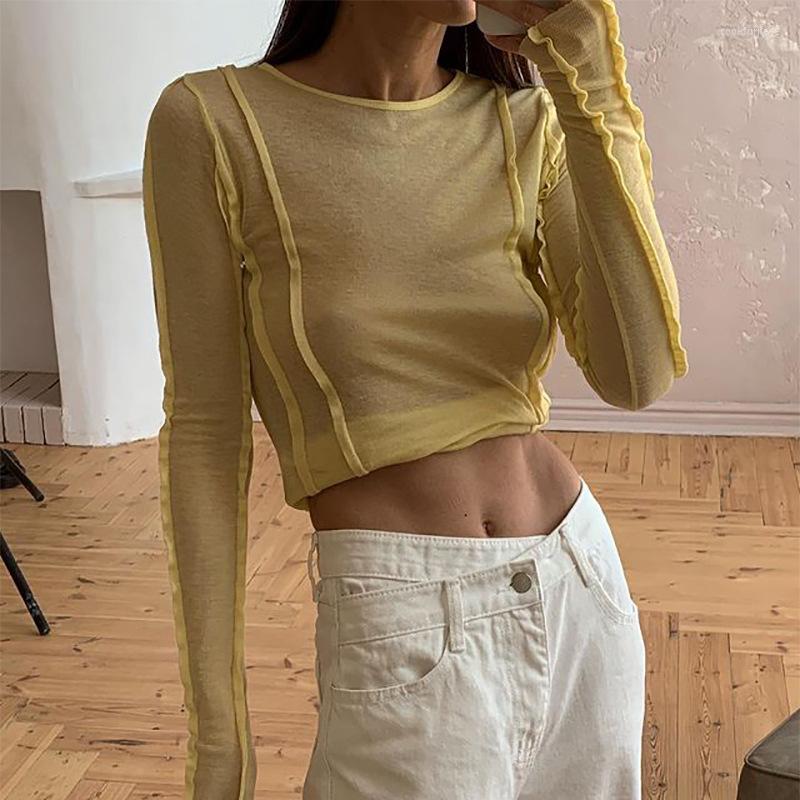 

Women's T Shirts 2023 Spring Sexy Transparent T-shirts See Through Slim Solid Crop Tops Long Sleeve Mesh Tees All-match Femme Streetwear, Yellow