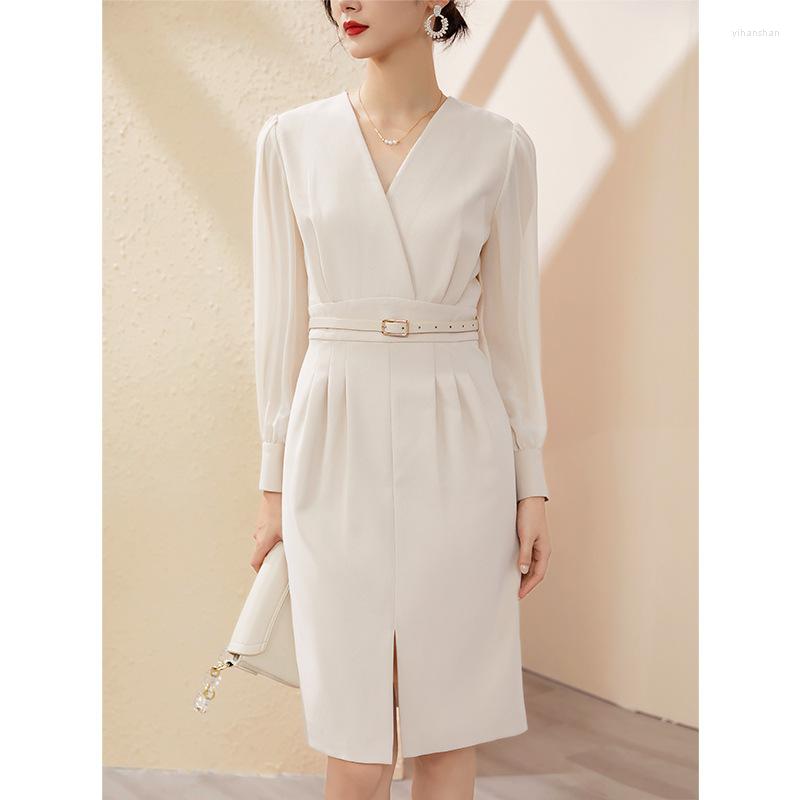 

Casual Dresses 2023 Autumn Fashion High Sense French V-neck Dress Women' Medium Length Temperament Long Sleeved White OL Style, Apricot color