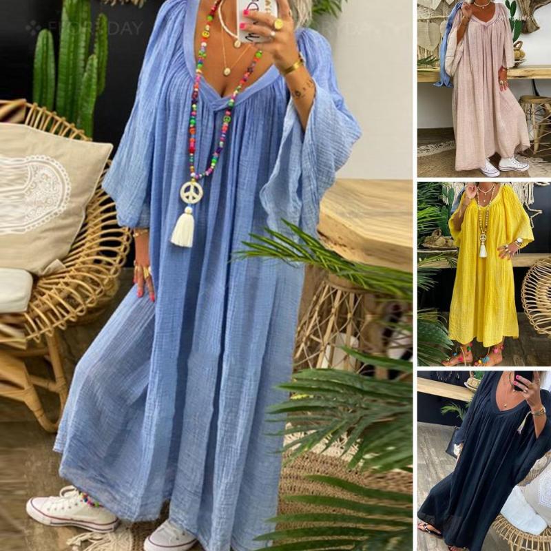 

Casual Dresses Ladies Dress Lady Clothing Women Summer V-neck Solid Color Loose Bohemia Daily Wear Soft Low-cut Plus Size, Black