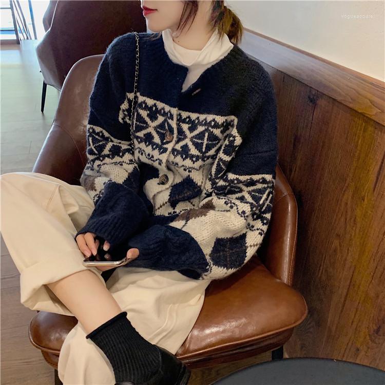 

Women's Knits Autumn Vintage Print Knitted Cardigans Women Korean Style O-neck Long Sleeves Loose Sweater Coats Female Tops Casual Outerwear, Khaki