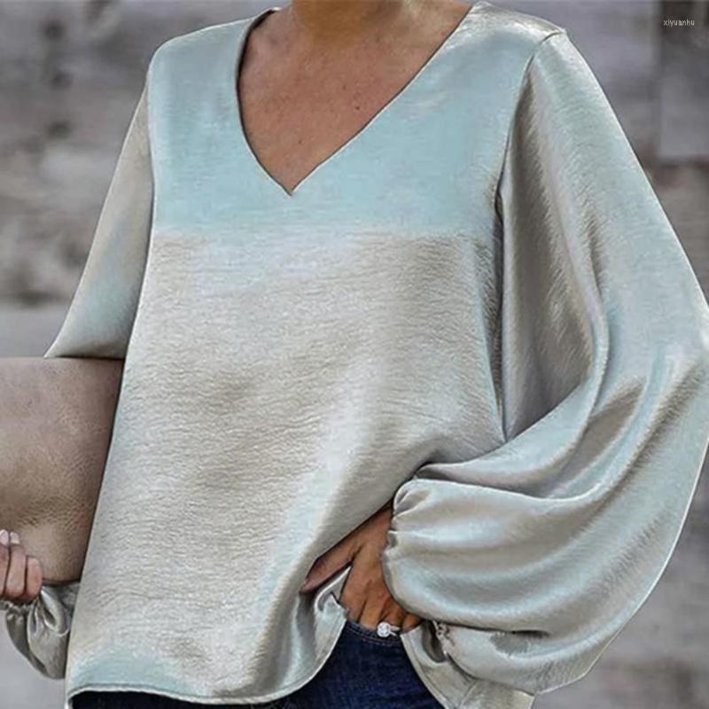 

Women's Blouses Simple Satin V-Neck Autumn Blouse Solid Color Lantern Long Sleeve Women Elegant Casual Pullover Top Women's Clothing, Wine red