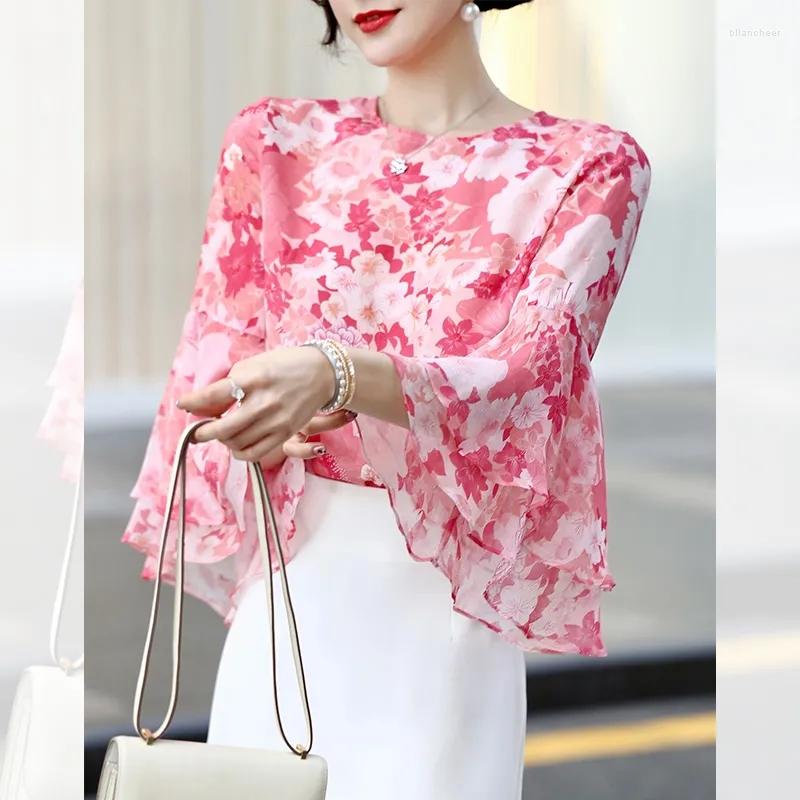 

Women's Blouses Brand Quality Women Pink Faux Silk Chiffon Tops Office Ladies Flare Sleeve Floral Print Blouse Spring Summer Top Blusas