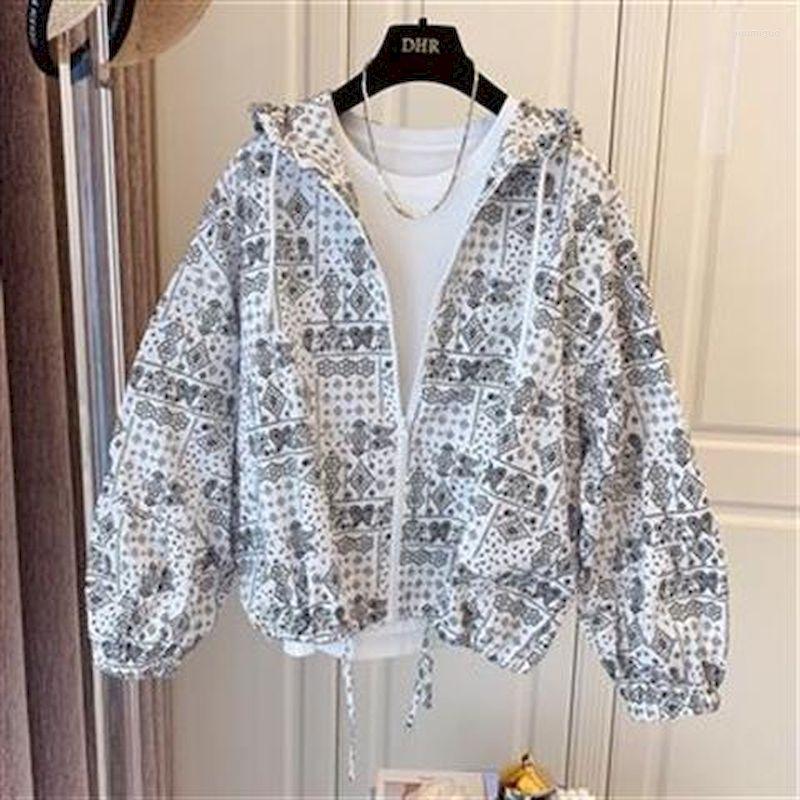 

Women's Hoodies Design Niche Womens Korea Loose Black White Retro Print Hooded Shirt Cardigan Sun Protection Jacket Goth