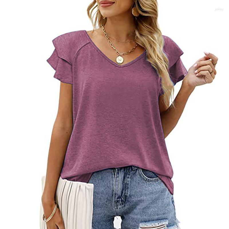 

Women' T Shirts Anbenser Summer WomenT Shirt Solid Color Tops Street Casual Loose Cotton Ladies Ruffle Short Sleeve V-Neck Tee, Black
