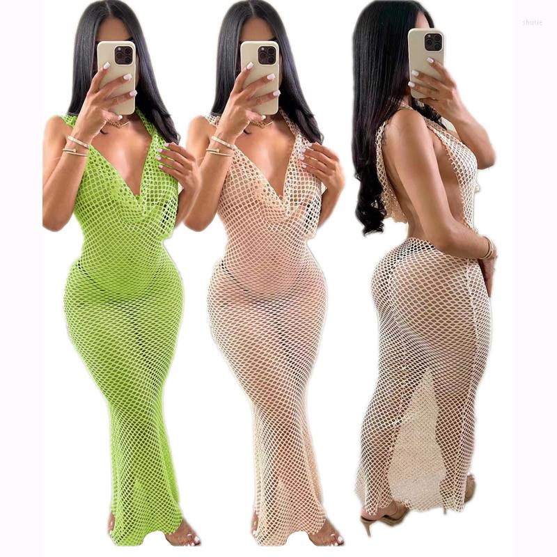 

Women's Swimwear Cover Up Beach Women Dress Mesh Sexy Backless Hollow Out Pure Color Sling Solid Polyester 2023 Wrap Outings Robe Plage, Fluorescent green