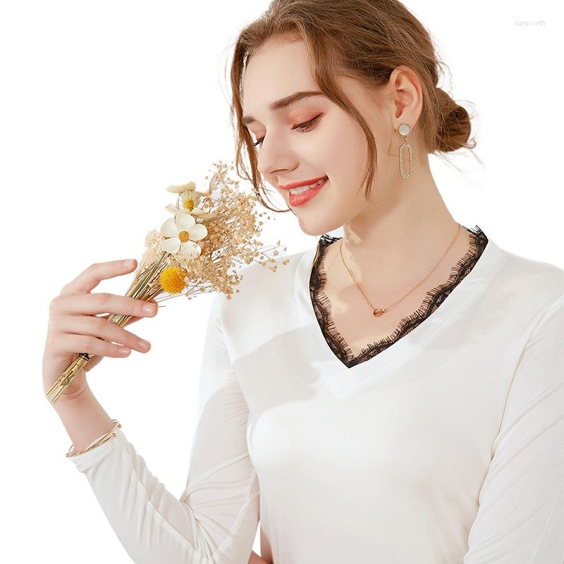 

Women's T Shirts 2023 Summer Silk Long Sleeve Bottoming Shirt Female T-shirt Lace Sexy V-neck Mulberry Acetic Acid Knitted Top, Black