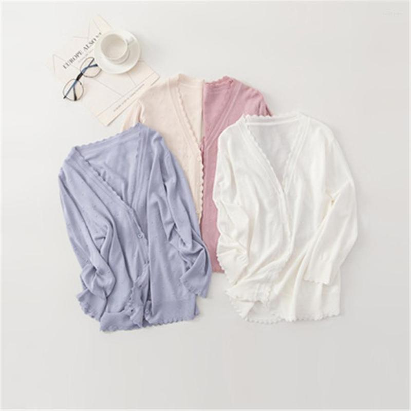 

Women's Knits 2023 Basic Cardigan Femme V-neck Ice Silk Cardigans Women Summer Knitted Sweater Thin Pink White Ladies Casual Knitting Coats