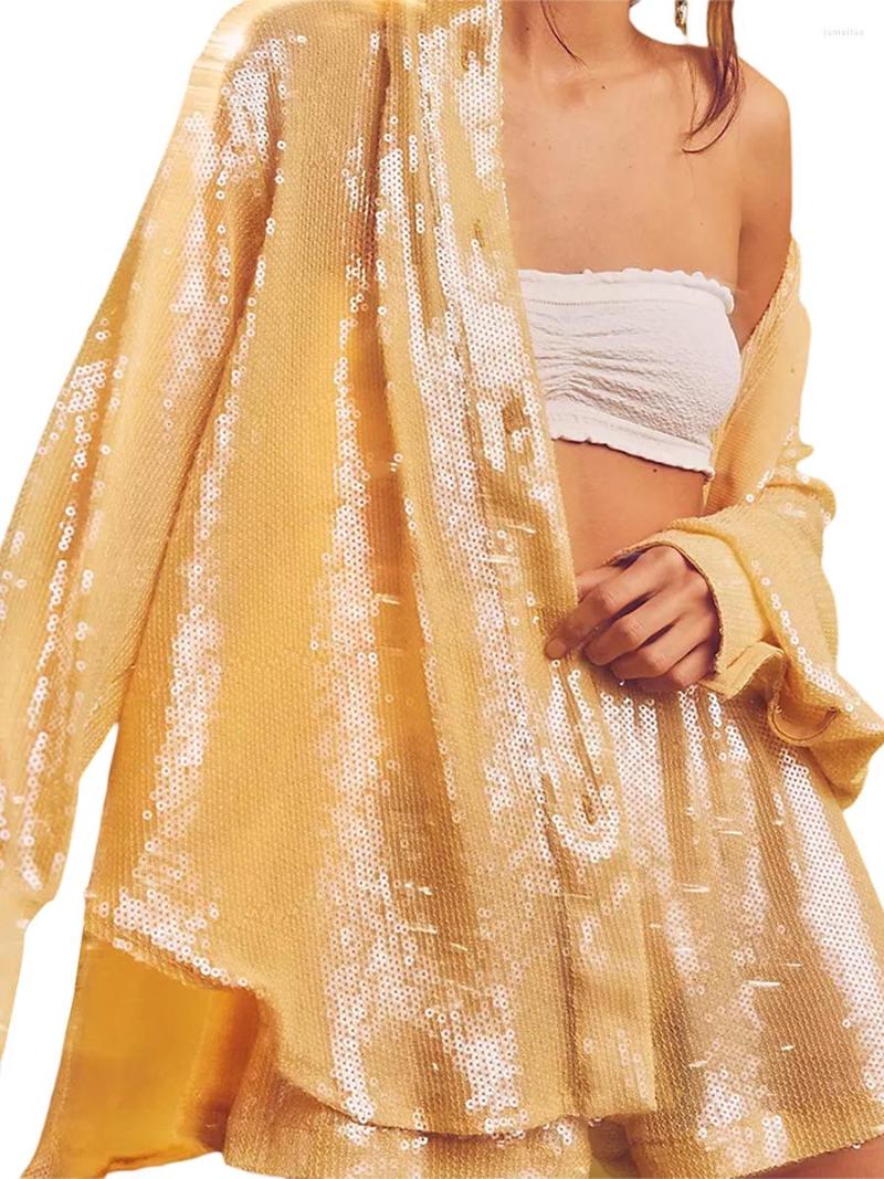 

Women's Polos Women Long Sleeve Blouse Shirt Sparkle Outfits Sequin Top Glitter High Waist Shorts Casual Bling Party Clubwear Streetwear, Yellow