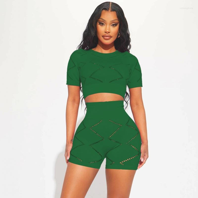 

Ethnic Clothing Fashion Casual Solid Color Hollow Out Flower Two Piece Set Women Summer Slim Round Neck Short Sleeve Top And Shorts African
