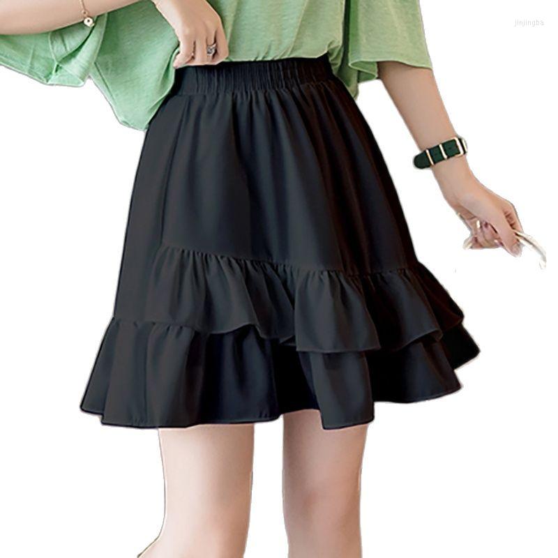 

Skirts 2023 Summer Ruffle Chiffon Mini Skirt Women Fashion Solid Elastic High Waist Pleated Black Short Korean Style Jupe Femme