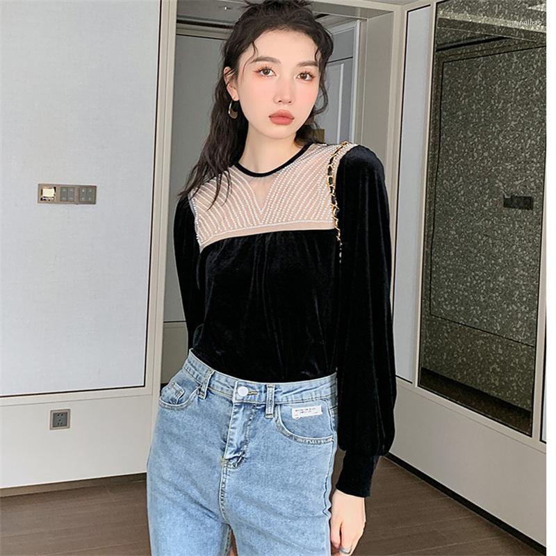 

Women' Sweaters Spring Women Shirt Vintage Pearls Hollow Out Backless Patchwork O-Neck Slim Full Sleeve Blouse Female Sexy Fashion Chic