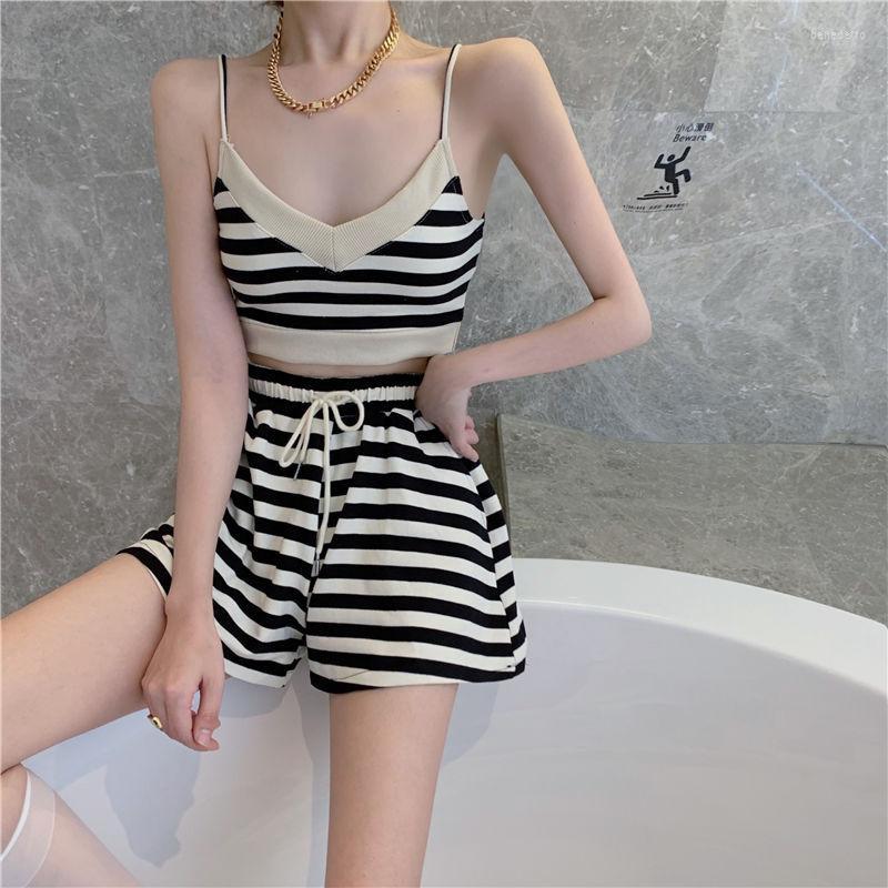 

Women' Tanks Women' Vest Shorts Two-piece Casual Sports Suit Striped Suspender Versatile Top With Loose Fashion, Black