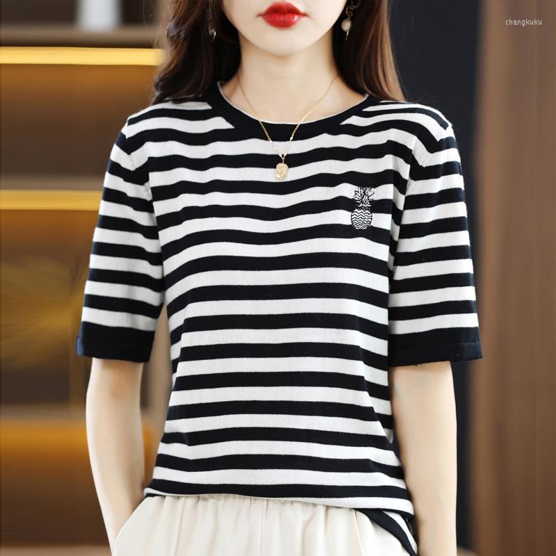 

Women' T Shirts Summer T-shirt Women' Round Neck Stripe Knitted Short Sleeve Casual Loose Cotton Top Fashion Tank Embroidery Pullo, Black