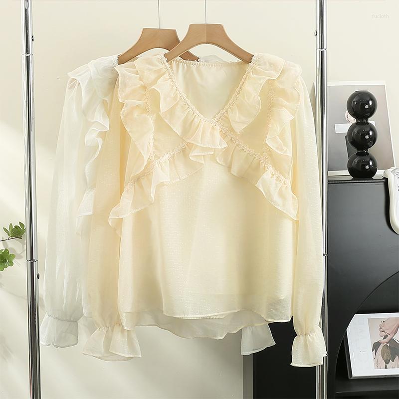 

Women's Blouses French Chic Blouse V-Neck Shirts Women Ruffles Shirt Apricot Tops Female Casual Long Flares Sleeve Blusas Drop, White