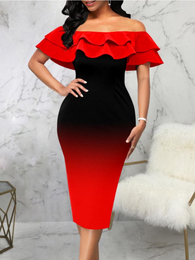 

Casual Dresses Sexy Fashion Print Dress Gradient Ruffle Off Shoulder Strapless Robes Bodycon Short Sleeve Red Summer Pencil Vestidos De