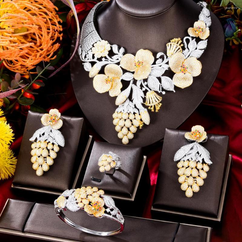 

Necklace Earrings Set KellyBola Gorgeous Flowers Fruits For Women Wedding African Cubic Zirconia Dubai Ethiopian Bridal Jewelry, Picture shown