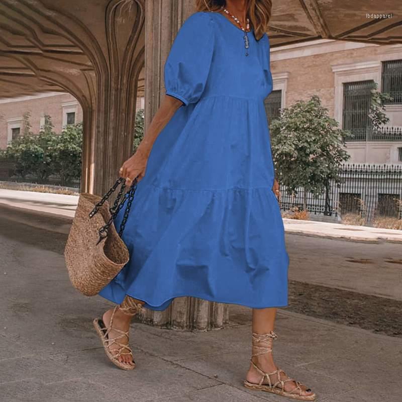 

Casual Dresses 2023 Solid Color Sundress Summer Retro Elegant Loose Short-sleeved Swing Party Long Skirt Women, Yellow