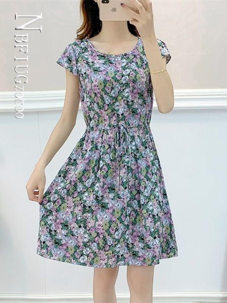 

Casual Dresses Summer Floral Short Sleeve Women Dress Drawstring Beach Female