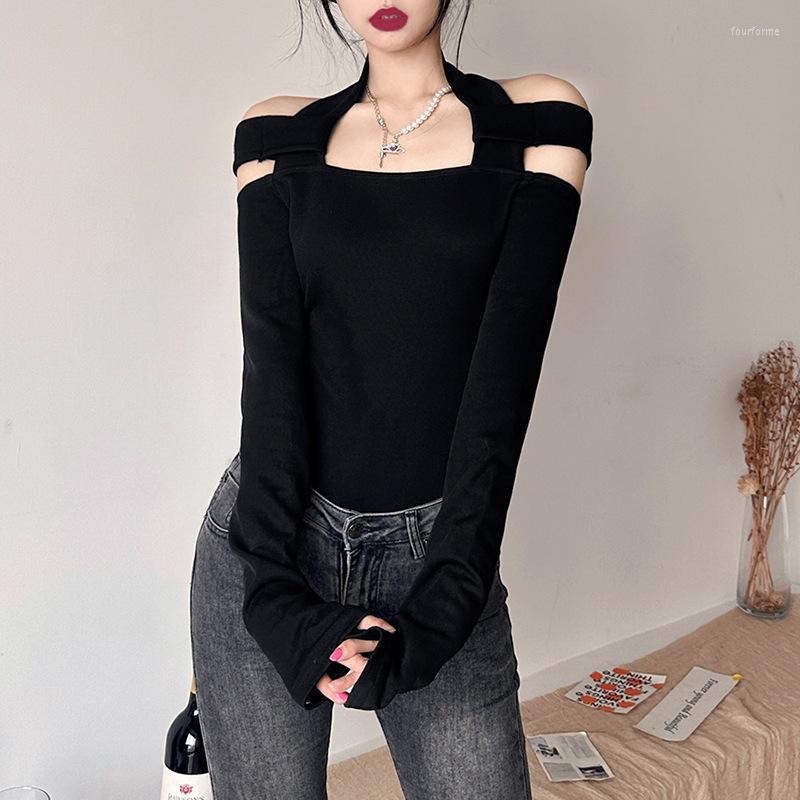 

Women' Tanks Women Solid Color Sexy Long-Sleeved One-Shoulder Slim T-Shirt, Black