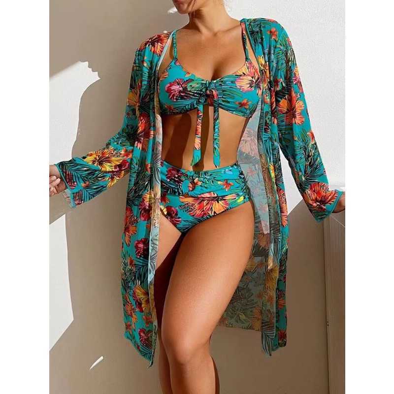 

Women's Plus Size Swimwear Sexy High Waisted Bikini Three Pieces Floral Printed Swimsuit Women Bikini Set LongSleeved Beach Coverups Plus Size Swimwear Z0508, Curry colored flower