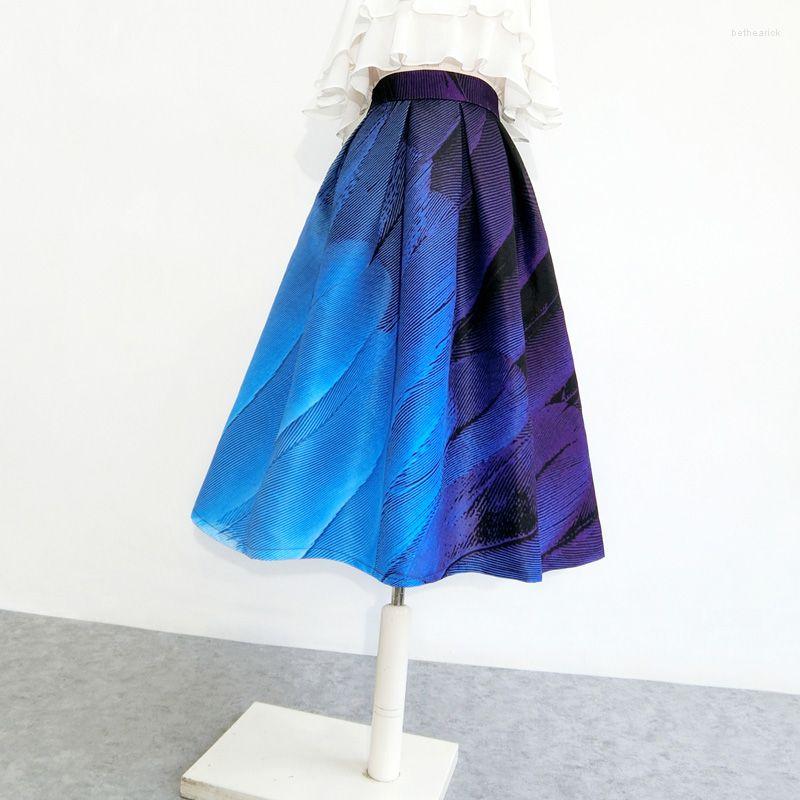 

Skirts Pengpeng Skirt French High Waist Gradient Blue Print A-shaped Pocket Personalized Casual Cover Belly Half Female Tops