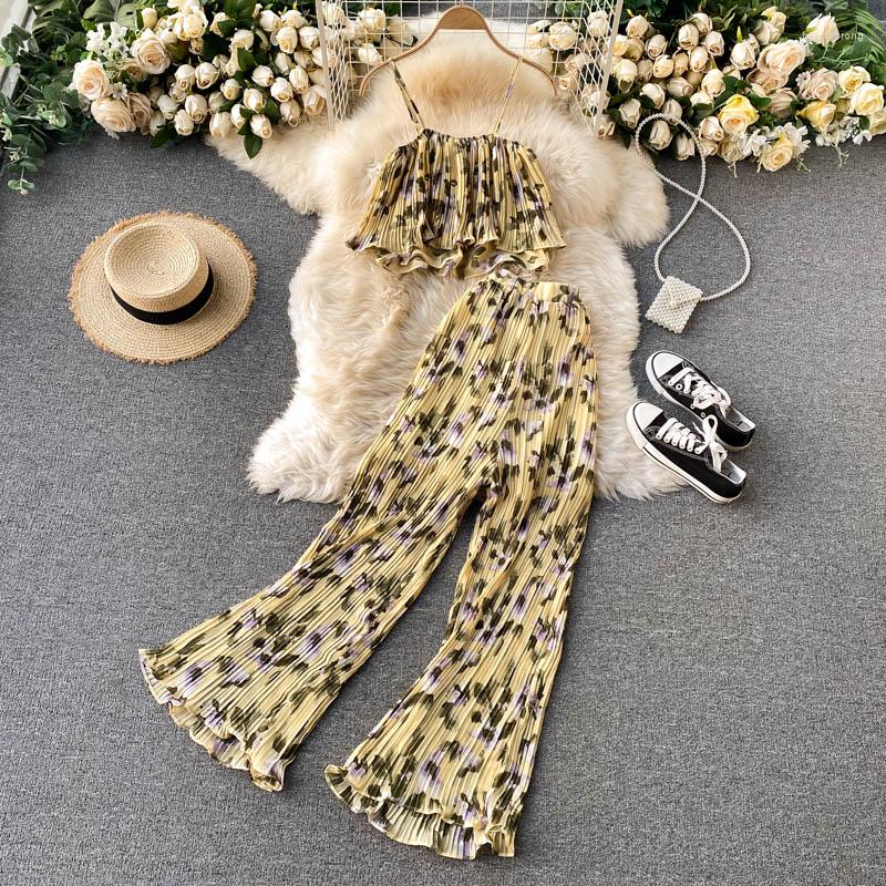 

Women's Two Piece Pants Summer Women's Sets Fashion Printed Short Tank Tops Pleated High Waist Wide Leg Suit Beach Clothes, Green