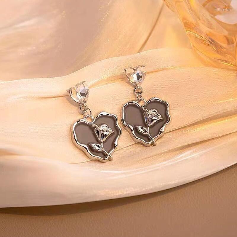 

Dangle Earrings Korean Simple Enamel Drop Heart For Woman Jewelry Fashion Girls Gifts Trend Crystal Love Rose Flower