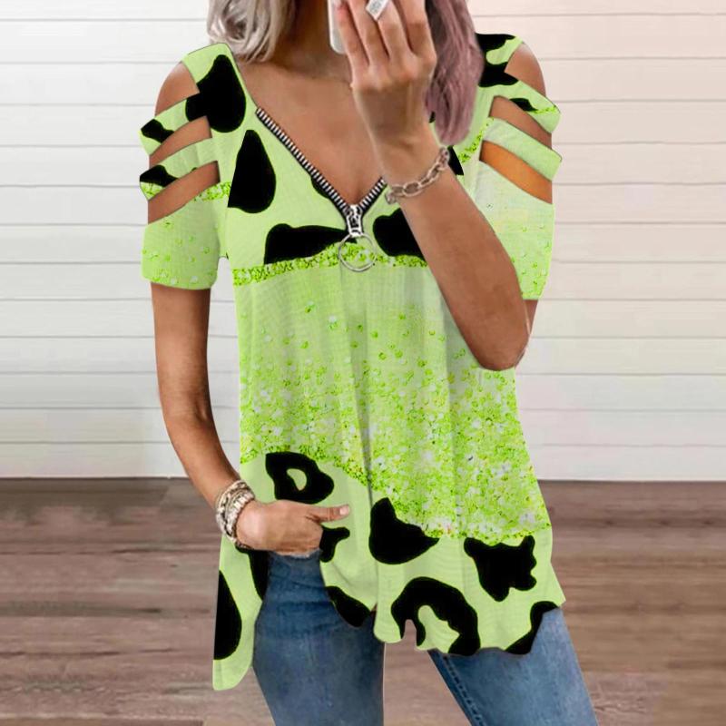 

Women's Blouses Spring Summer Fashion V-Neck Zipper Shirts Ladies V Neck Short Sleeve Printed Loose Casual Sexy Hollow Out Top, Mint green