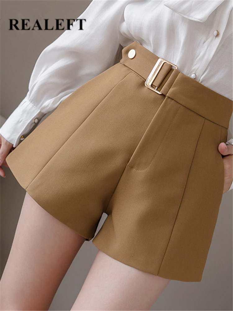 

Women's Shorts REALEFT Spring Summer Casual Wide Leg Shorts High Waist Belt Korean OL Style Chic Shorts Female Pockets Work Wear Short 230509, Apricot