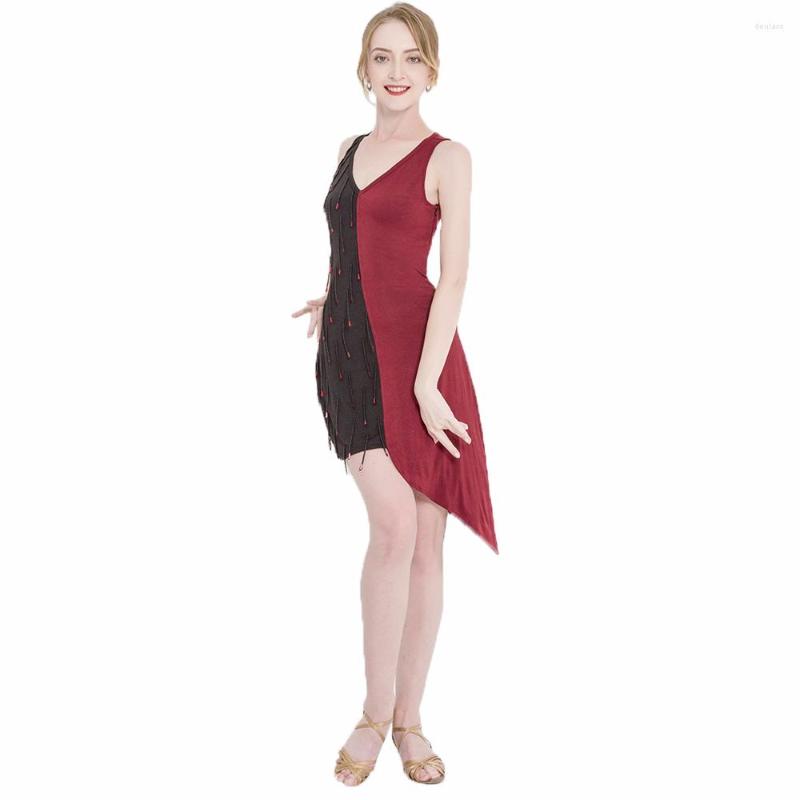 

Stage Wear 2023 Latin Dance Dress For Women Adult Spring And Summer Competition Performance Training With Tassels L22417, Burgundy and black