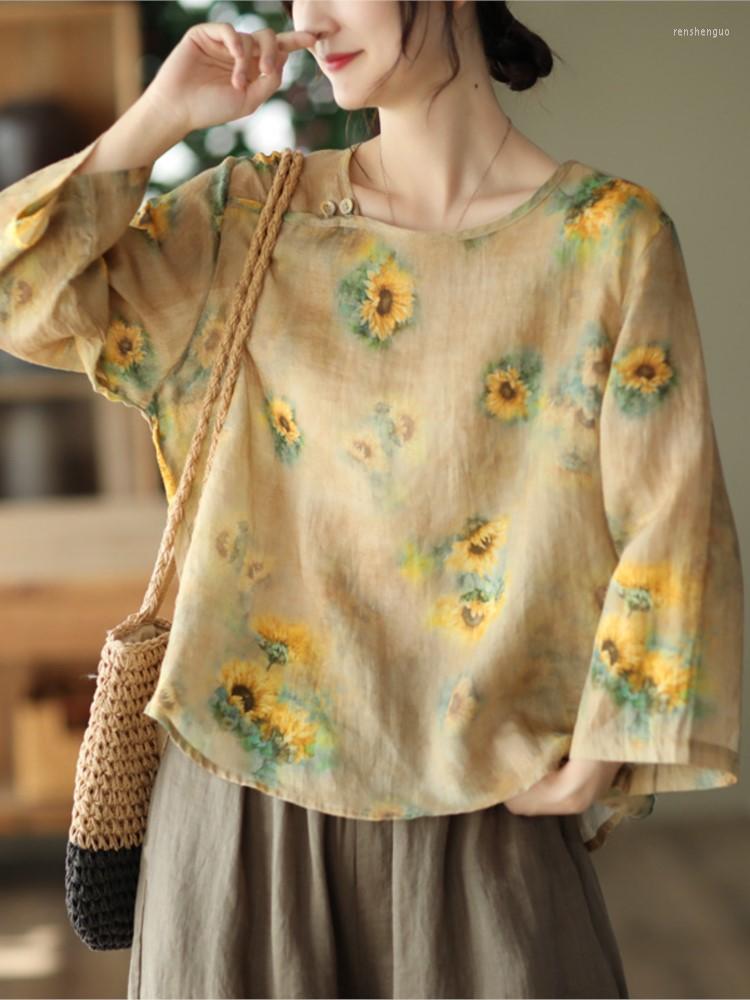 

Women's Blouses Ramie Pullovers Shirt 2023 Women Spring Summer Casual Print Tops Ladies O-Neck Wrist Sleeve Retro Blouse, Blue