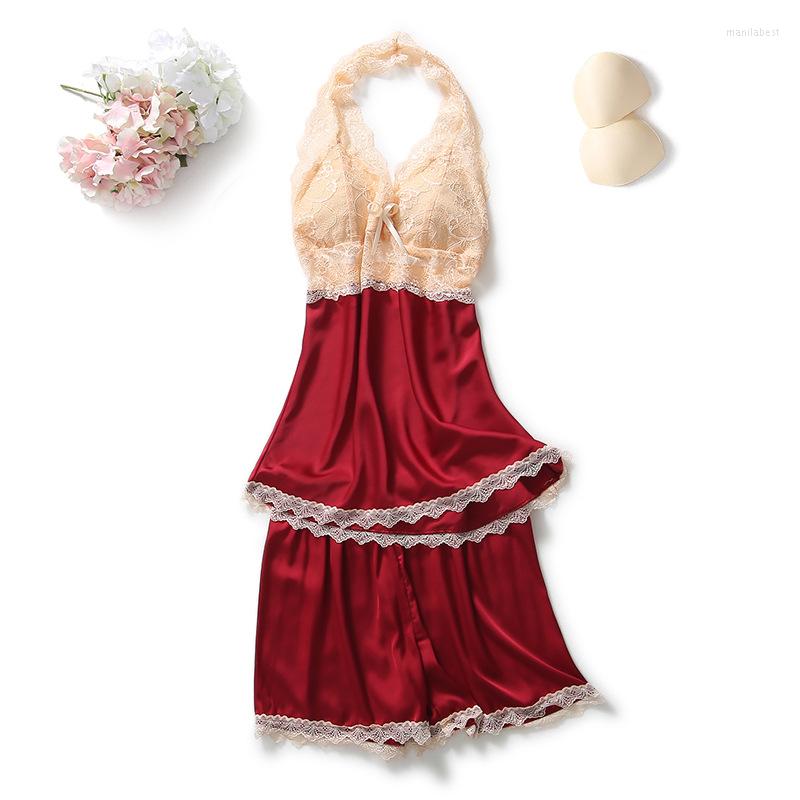 

Women's Sleepwear Women Pajamas Suit With Bow Sexy Lace Strap Top&Shorts Summer Sleeveless 2PCS Female Sleep Set Casual Home Clothes, Black