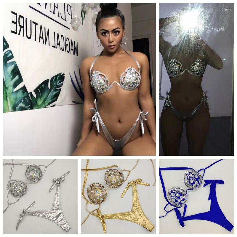 

Women' Swimwear 2023 Vacation Sexy Hollow Out Diamond Bikini Set Mosaic Push Up Bling Stones Mature Women Swimsuit Bathing Suit, Blue